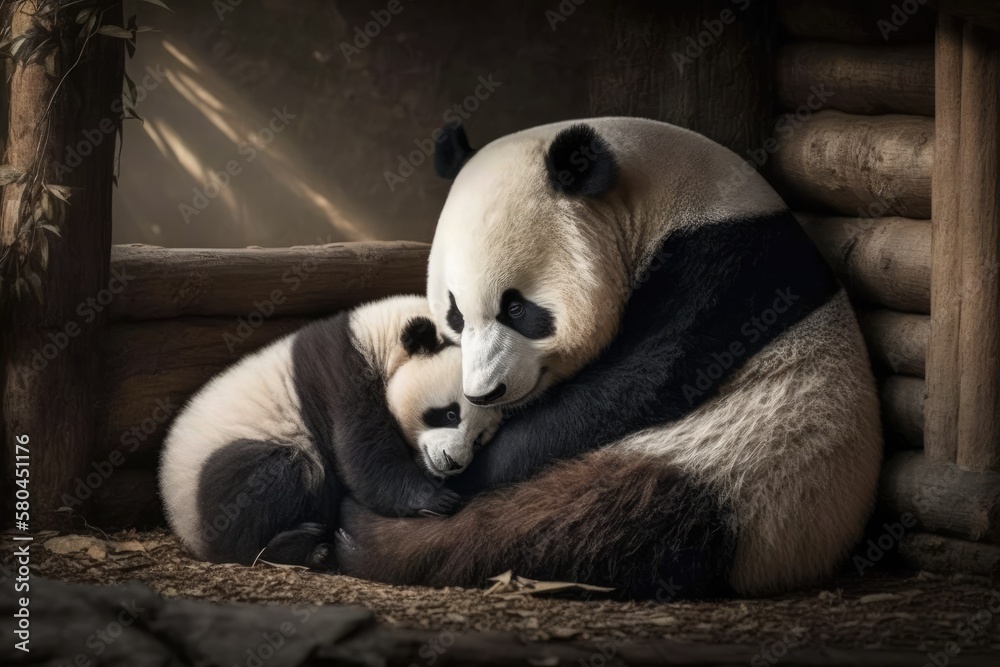 At a zoo in France, a mother panda and her baby panda are cuddling and eating bamboo in the morning.