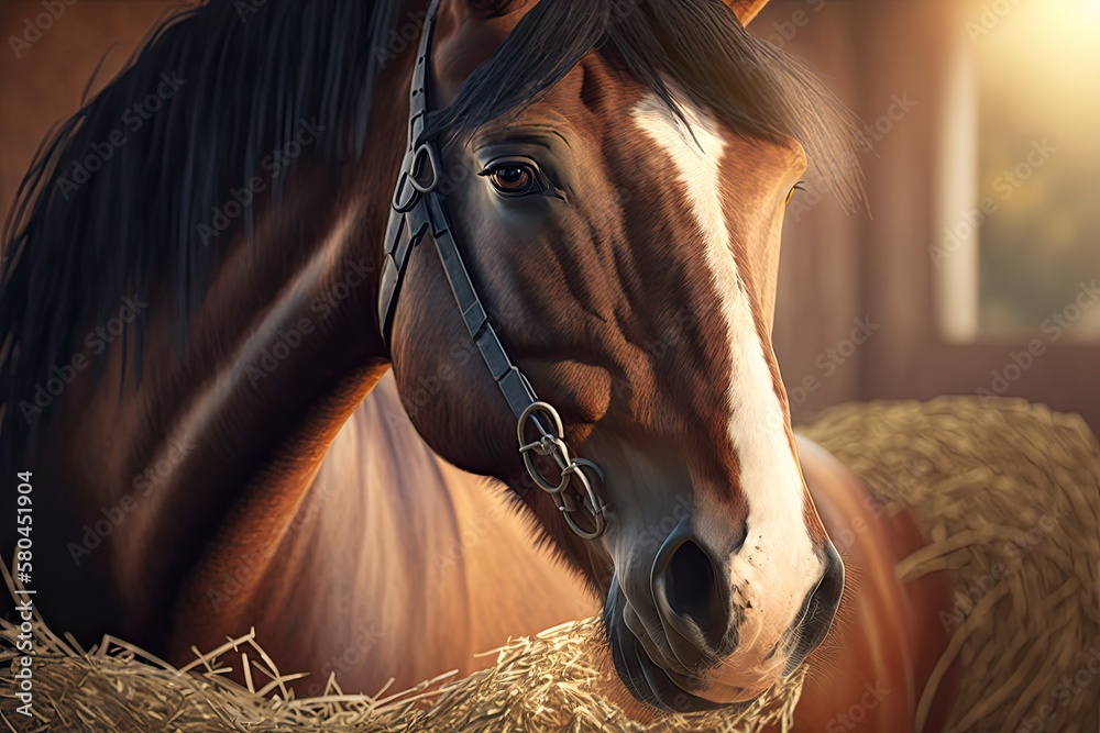 A sunny summer day shows a portrait of a beautiful bay horse eating dry hay. The horse is lit by the