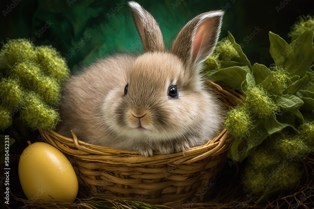 A small baby rabbit with fluffy fur and Easter eggs is in an Easter basket in a fresh, green spring 