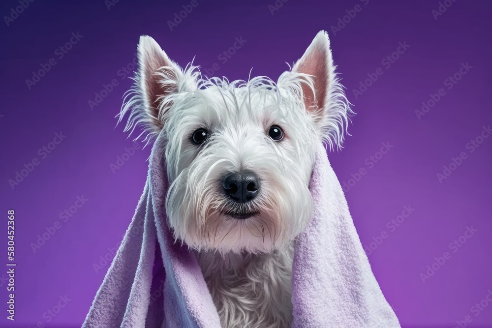 After getting a bath, a cute West Highland White Terrier dog on a purple background. Dog in a towel 