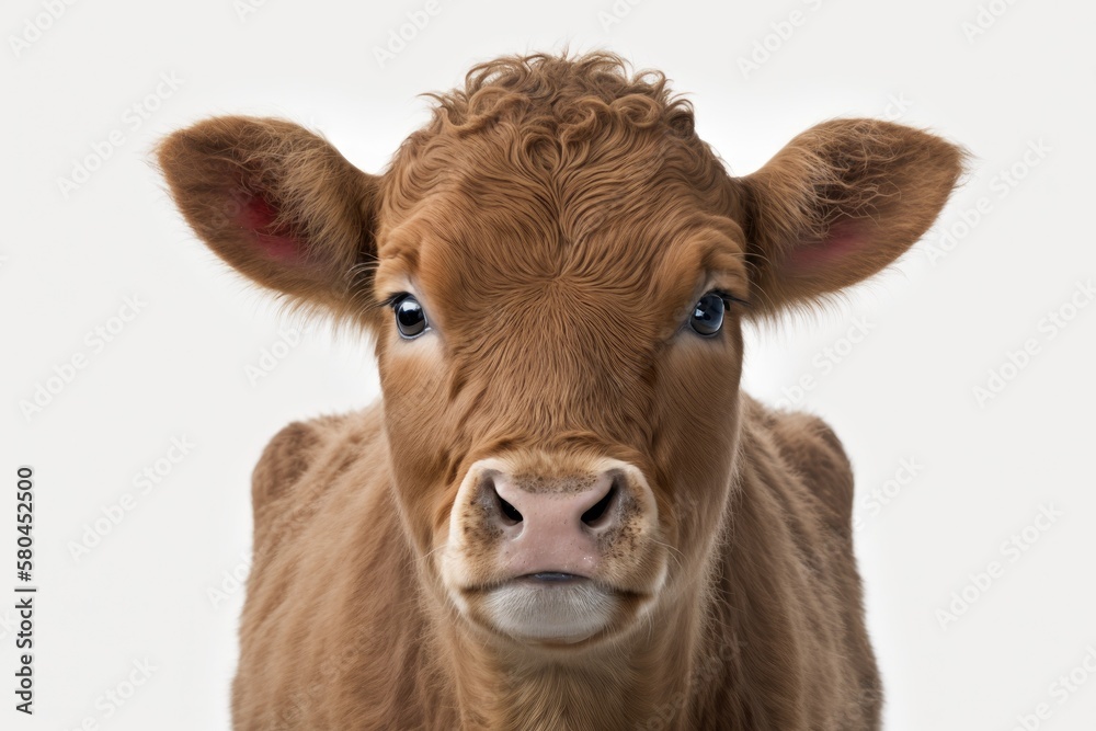 A young brown calf with only its face looking at the camera, set against a white background and with