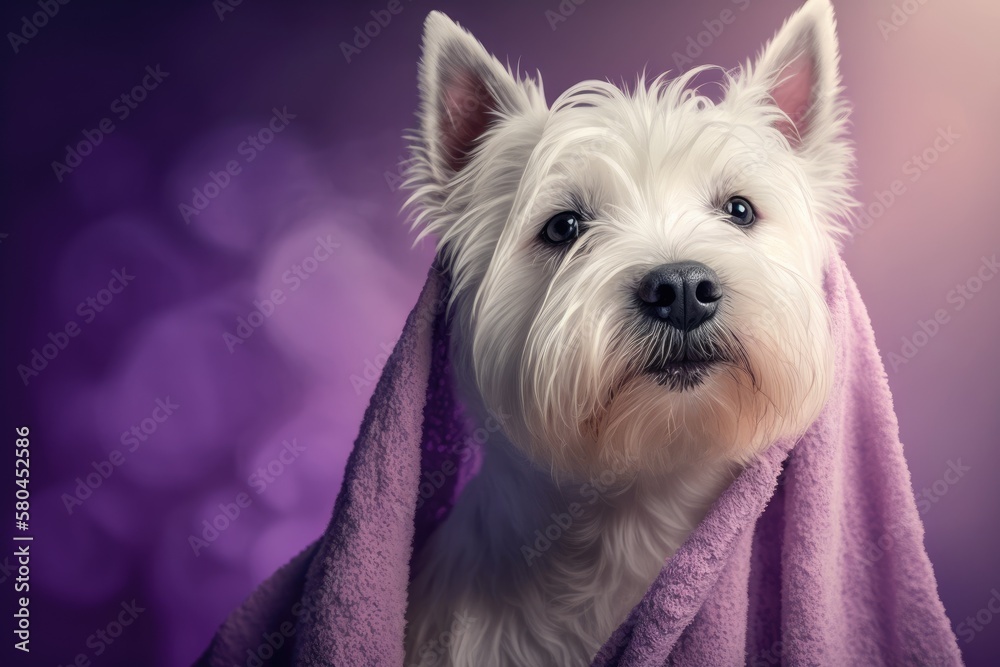 After getting a bath, a cute West Highland White Terrier dog on a purple background. Dog in a towel 