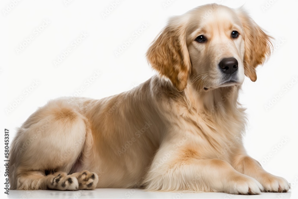 A picture of a cute Golden Retriever dog sitting on the floor, with a white background. Generative A