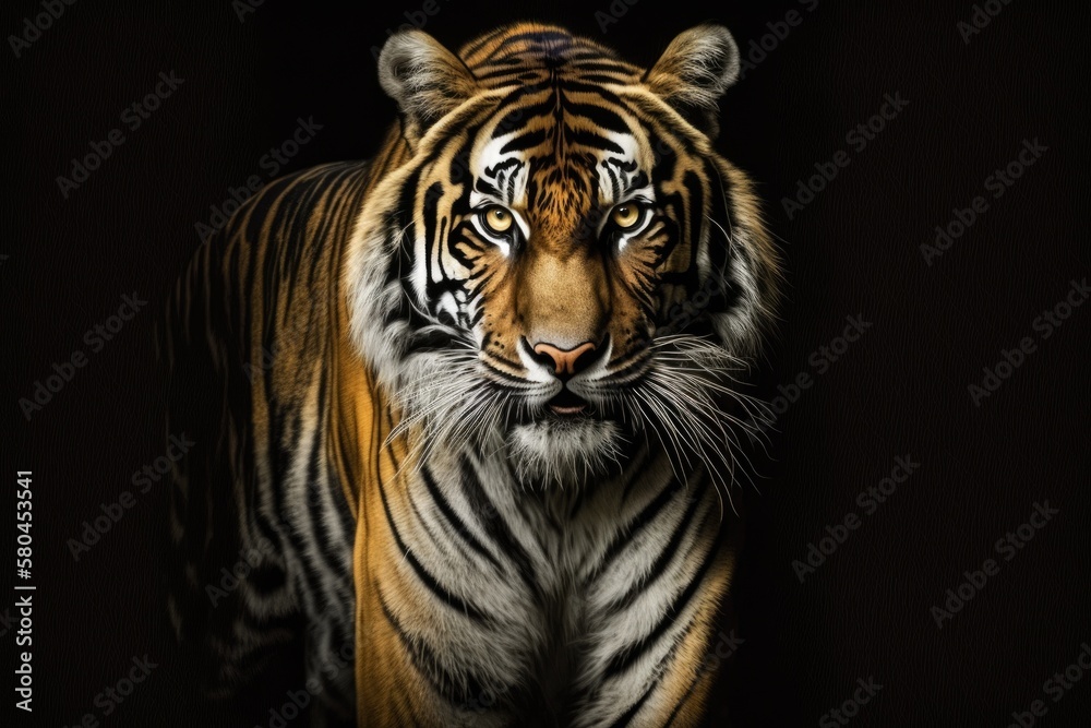 A picture of a lovely tiger. Big cat close up. A picture of a tiger looking at you from the dark. On