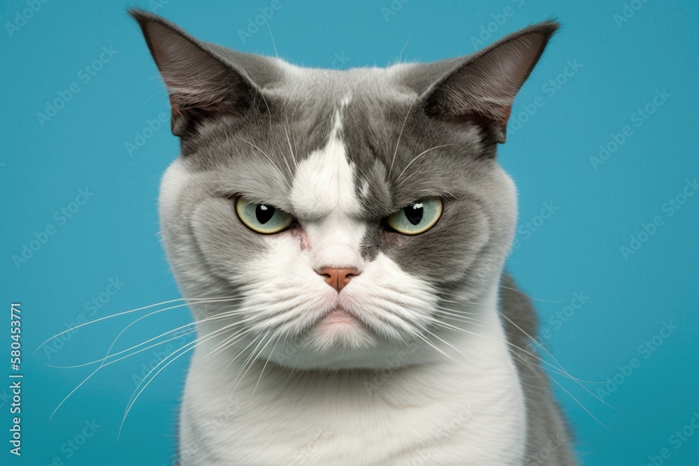 A picture of a gray and white cat looking mad or upset at the camera on a blue background. Generativ