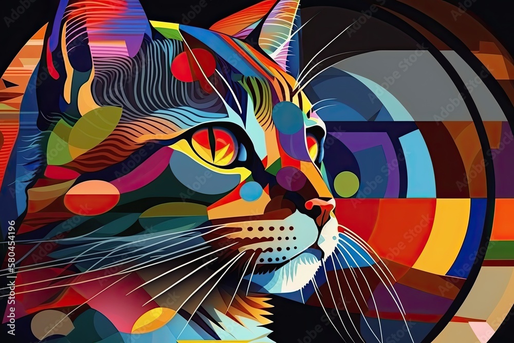 A portrait of a cat in the style of Kandinsky and the Bauhaus art movement. It is bright and full of