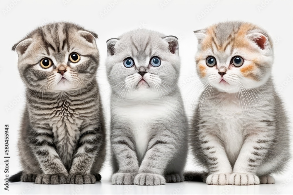 Funny, cute kittens with light on a white background. Scottish fold cat. Blank space. Generative AI