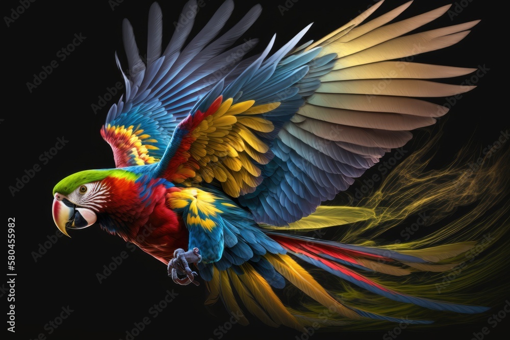 Flying Ara, a beautiful parrot with bright colors, on a dark background. Generative AI