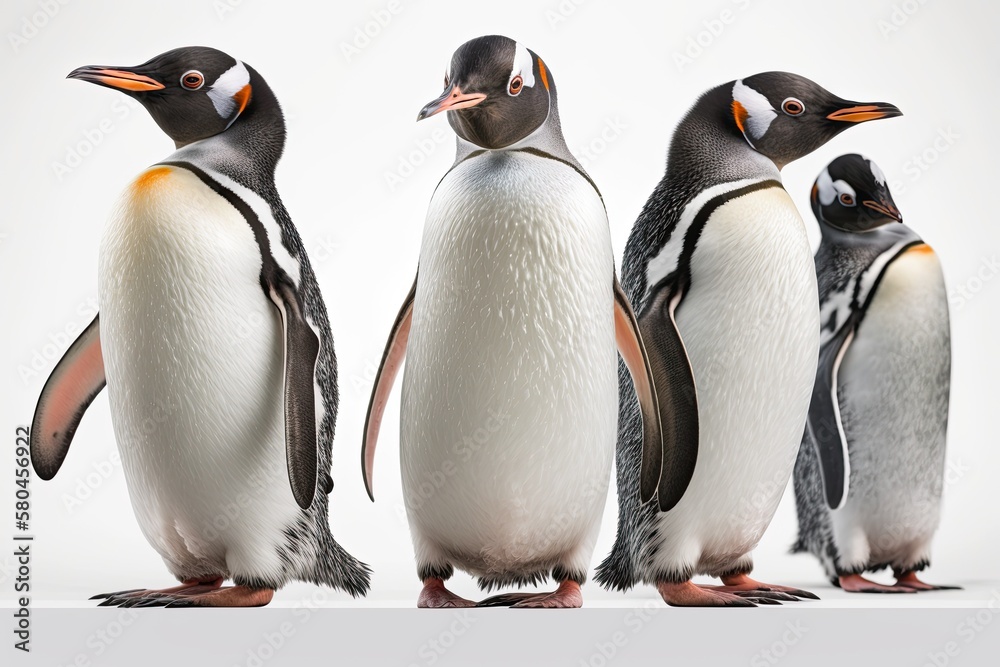 Gentoo penguins standing alone against a white background. Generative AI