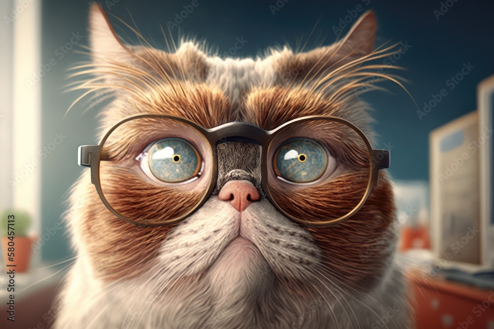 Funny close up portrait of a squinting cat at an eye doctors appointment. Generative AI