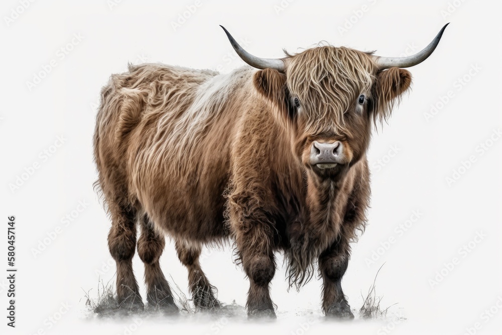 Highland cattle, an isolated Scottish cow on a white background. Generative AI