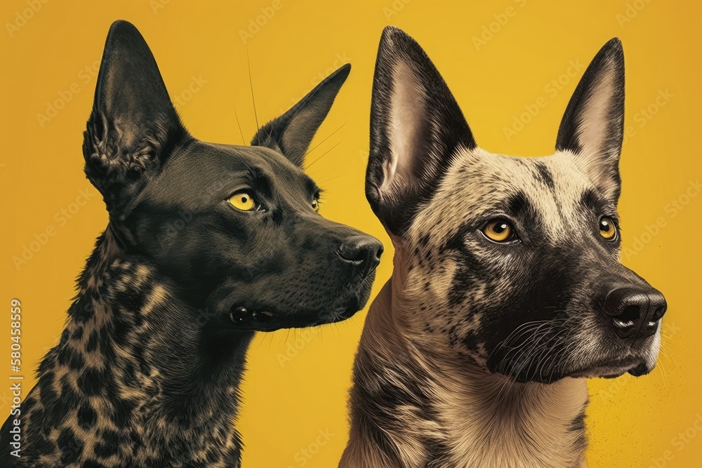 Cropped view of the heads of a dog and a cat, set against a yellow background. Generative AI