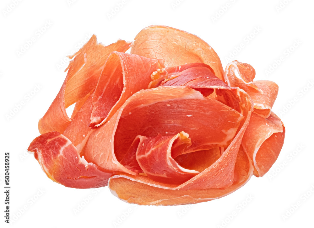 Italian prosciutto crudo or spanish jamon isolated on white background