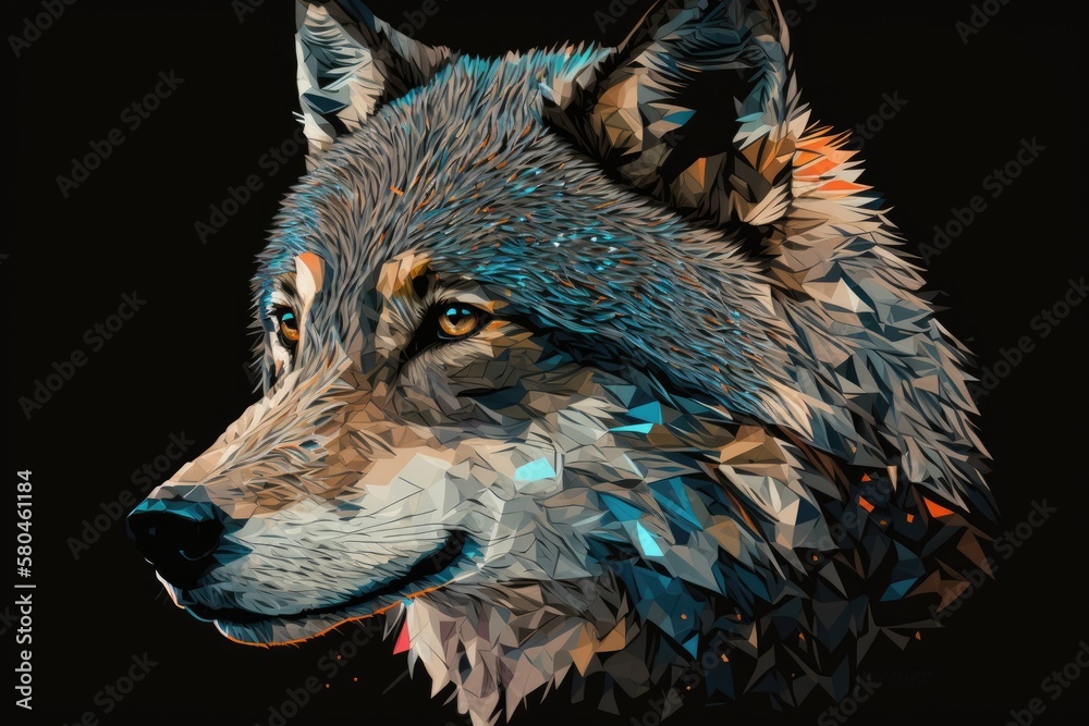 Flat color drawing of a wolf by neural networks. Generative AI