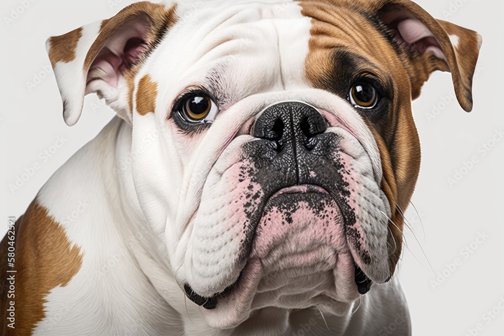 Close up of a 5 year old English Bulldog in front of a white background. Generative AI