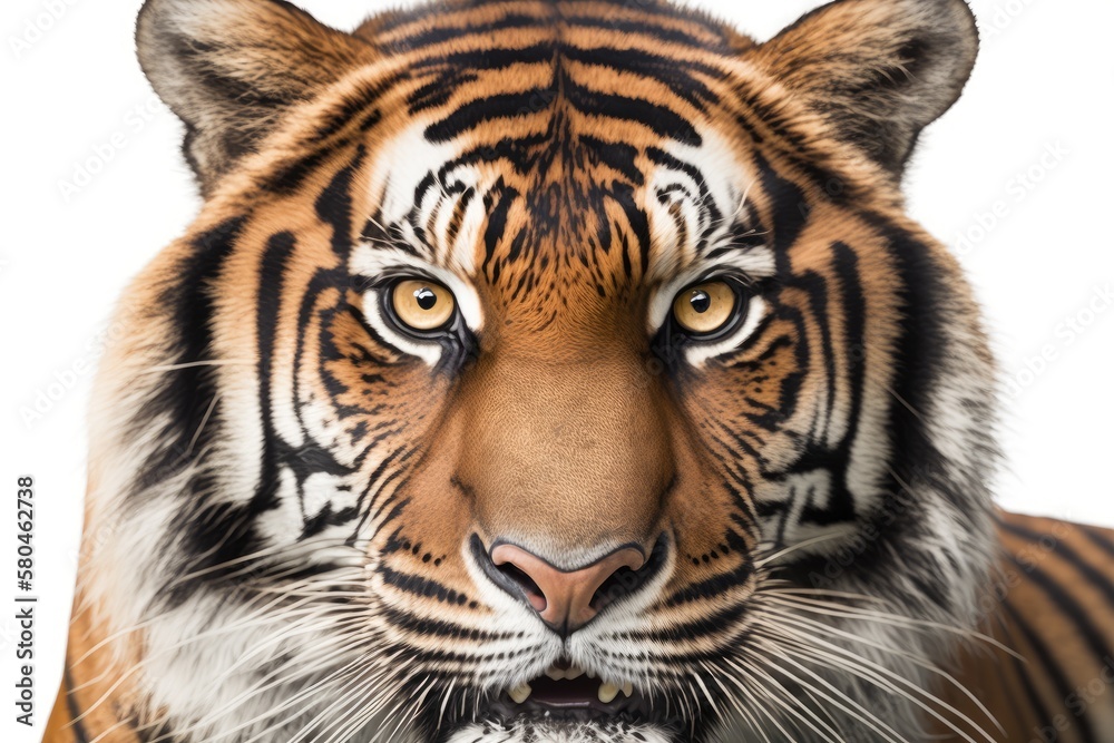 Close up of a male tiger facing the camera, big cat, on a white background. Generative AI