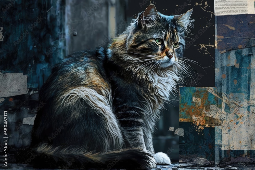 Collage is a form of modern art. Homeless cat. Style that isnt very much. Generative AI