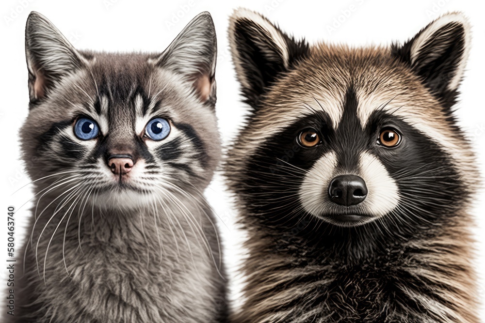 Close up portrait of a raccoon and a cat, Scottish Straight, on a white background. Generative AI