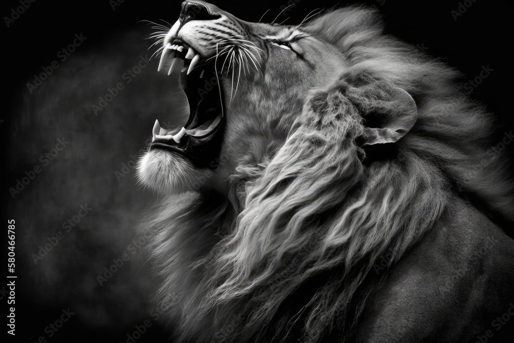 B&W Lion yawning. Generative AI