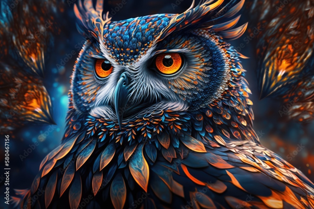 Background picture of an owl with fractals. Generative AI