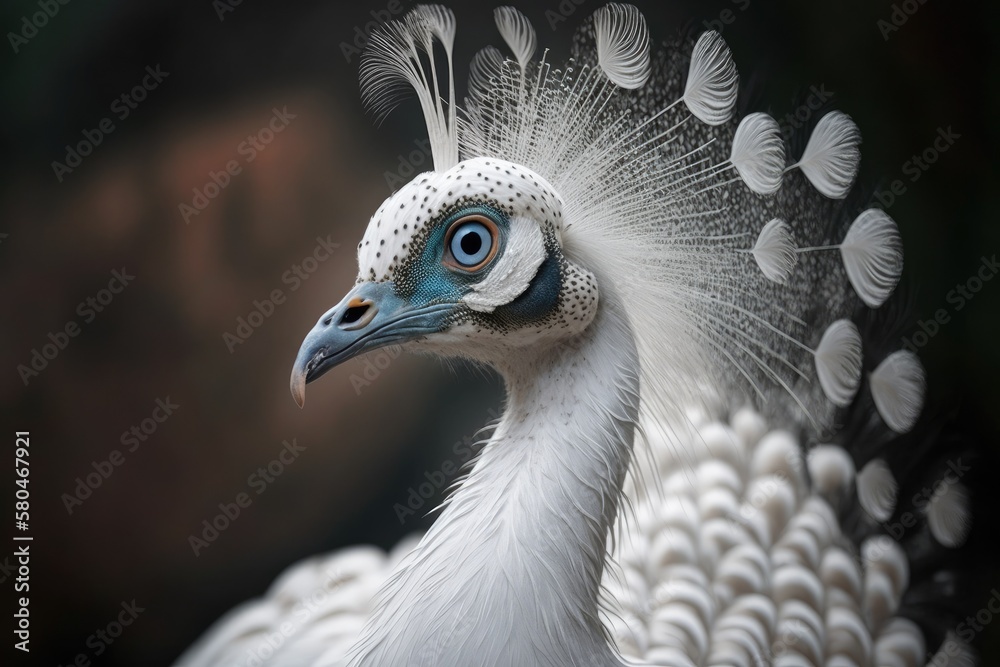 Close up of a beautiful white peacock with its feathers out. Generative AI