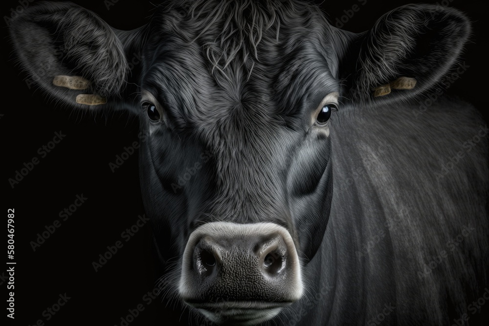 Close up of a black cows face against a black background. Generative AI