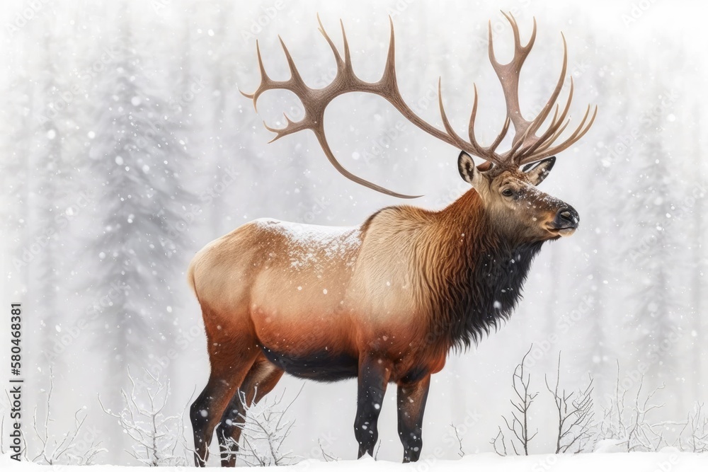 Bull elk standing in Canadas winter snow on a white background. Generative AI