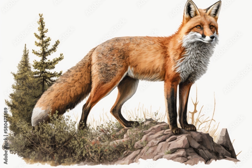 A picture of an illustrated red fox. The forest fox has a cute, fluffy face. Generative AI