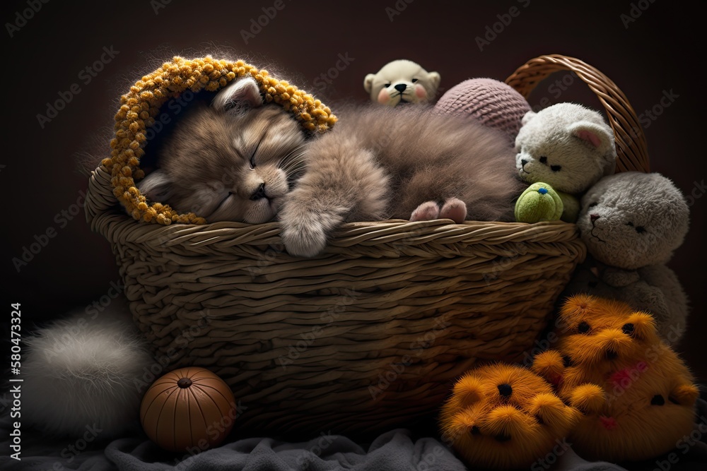 A small, fluffy kitten sleeps in a basket with wool balls and a hugging teddy bear. Generative AI