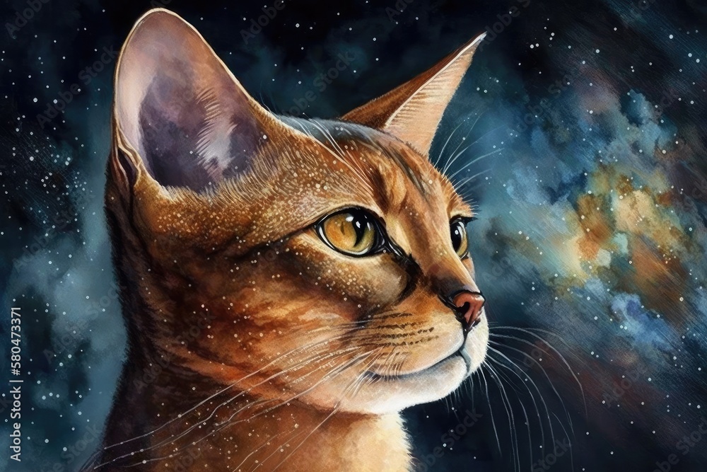 Abyssinian cat and a sky full of stars. Painting with watercolor. Generative AI