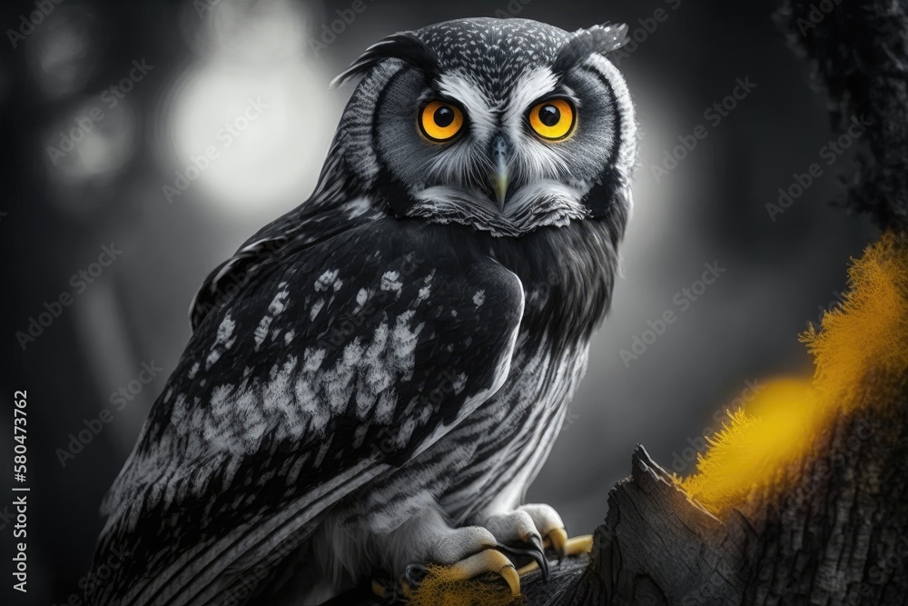 A picture of a black and white owl with big yellow eyes. Generative AI