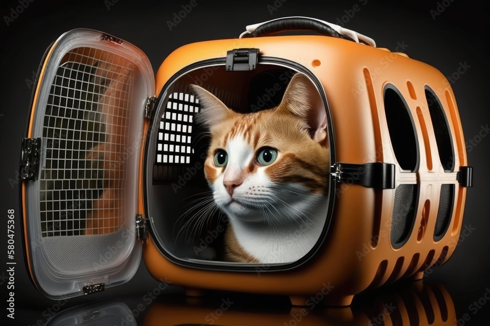 A pet carrier is where the cat is sitting. Transport of pets and other animals. Article about how an