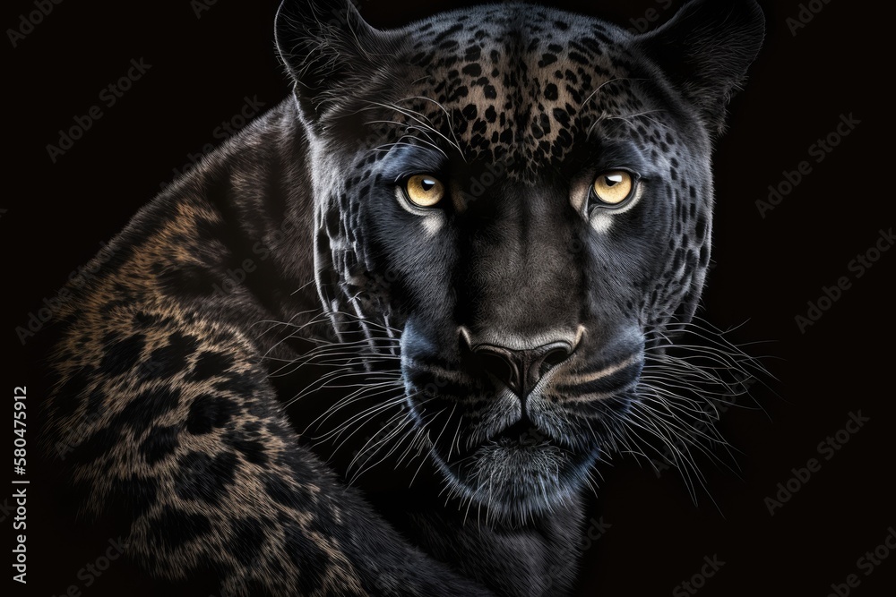 A picture of a black jaguar in front of a black background. Generative AI