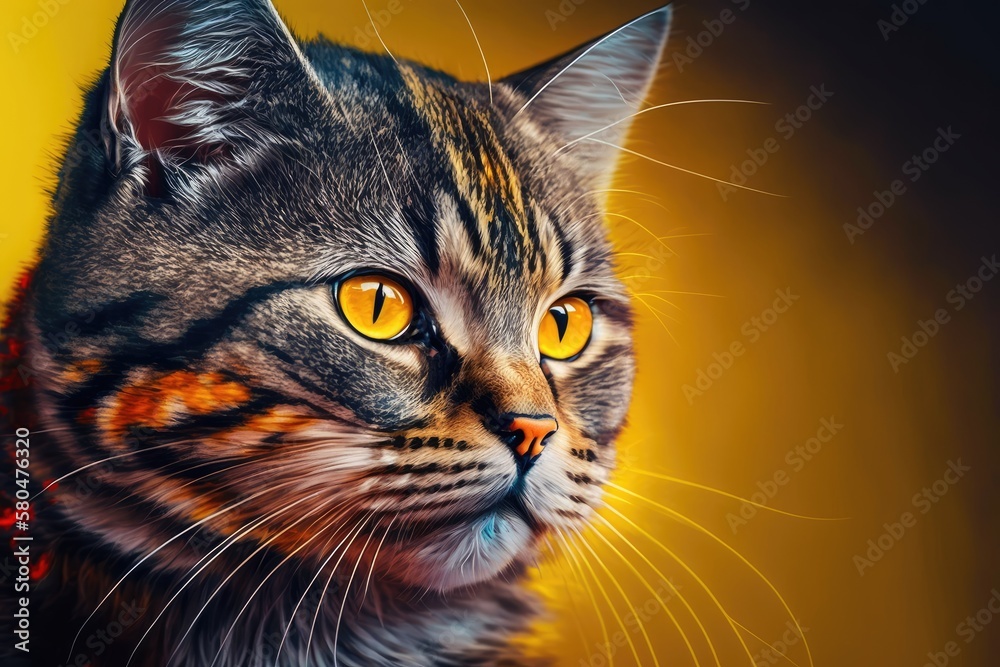 A picture of a beautiful cat on a yellow background. Colorful decorations. Animal portrait. Generati