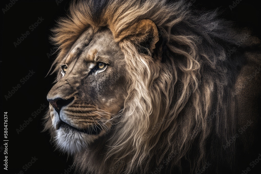 A magnificent lion The king of beasts has a big, full head of hair and looks strong and royal. close