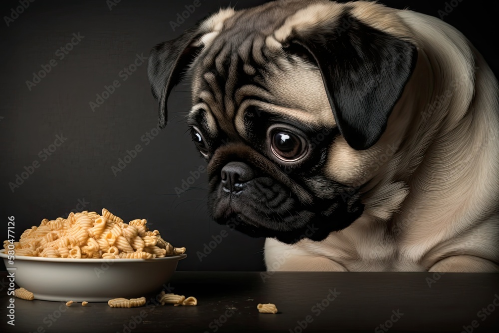 A cute pug dog is trying to catch some food. Dog looking at food. Dog eating. Generative AI