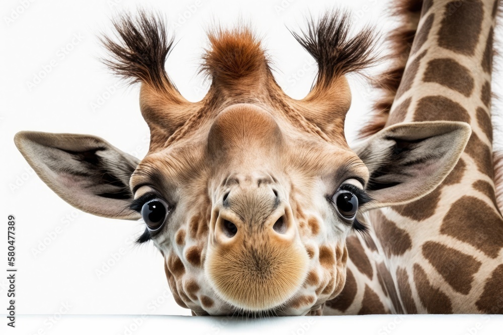 A funny, cute picture of an upside down giraffe on white. Generative AI