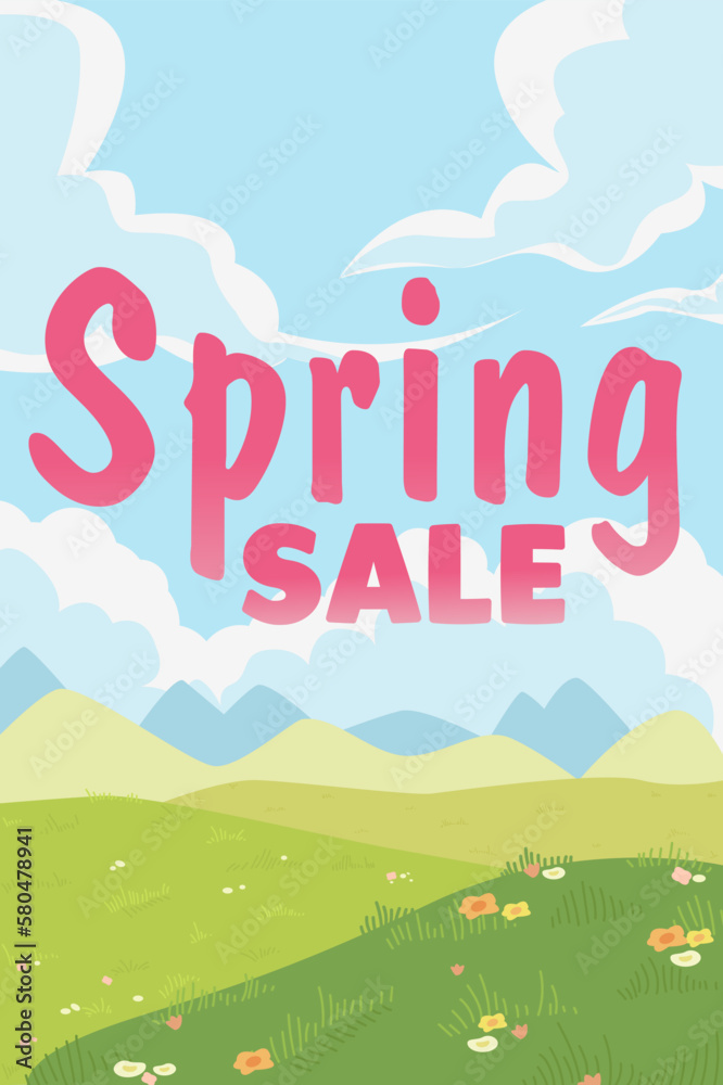 Special offer. Flowers blooming in meadow under blue sky and text Spring Sale. Illustration