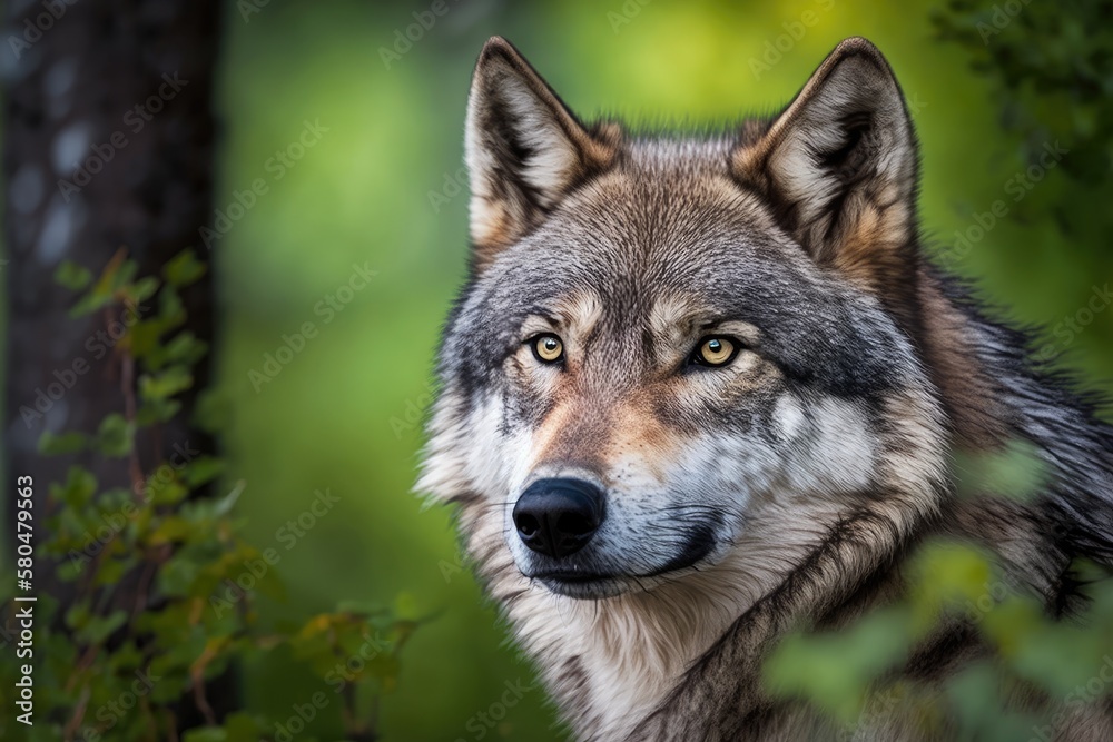 A close up picture of a grey wolf (Canis Lupus), also called a timber wolf, in the Canadian forest i