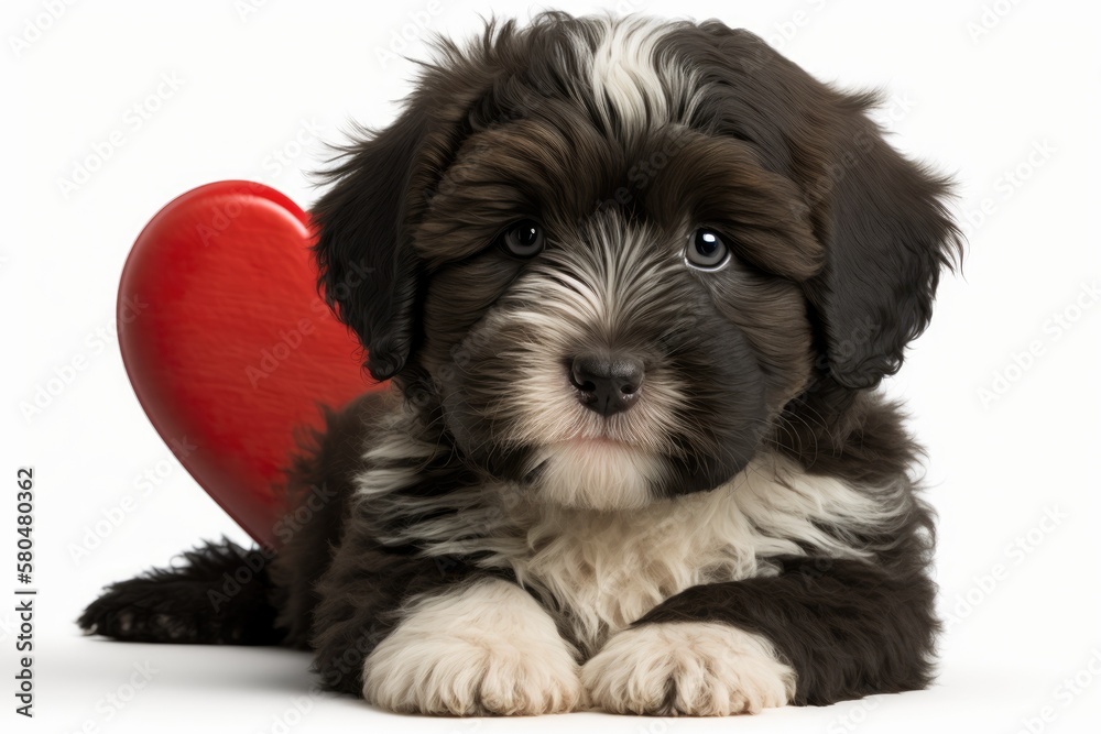 A cute valentine havanese puppy dog with a red heart on a white background. Generative AI