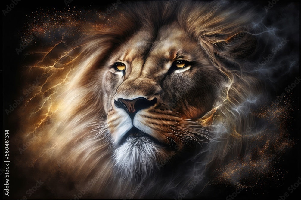 A beautiful airbrush painting of a lions head with a regal, calm expression and fractal effect. Gen