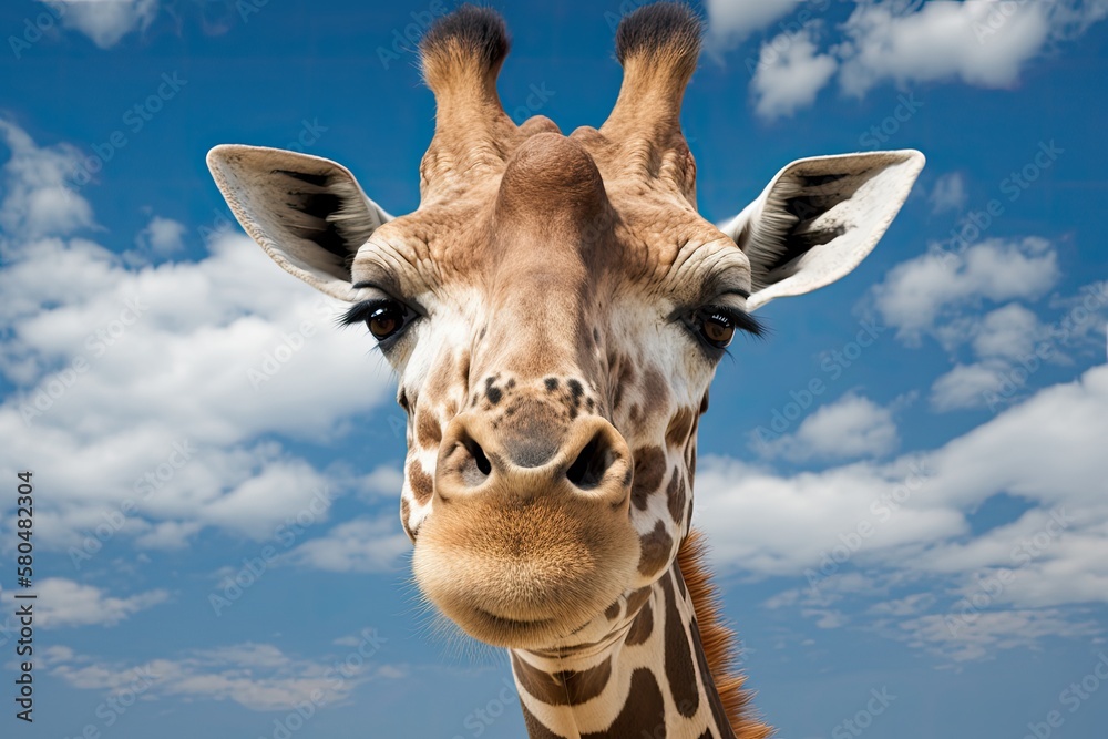 A beautiful giraffe with a long neck is in the center of the picture. Portrait of a smiling giraffe 