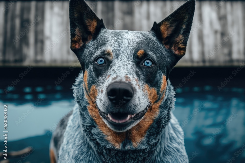 A cattle dog from Australia. Blue heeler dog. Close up dog portrait. A picture of a happy Australian