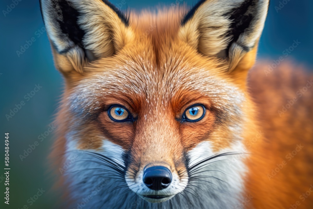 A close up of the head of a wild young red fox who is staring straight ahead with his sharp eyes. Th