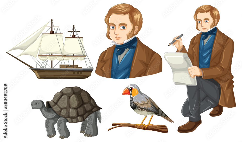 Set of mix charles darwin with animal