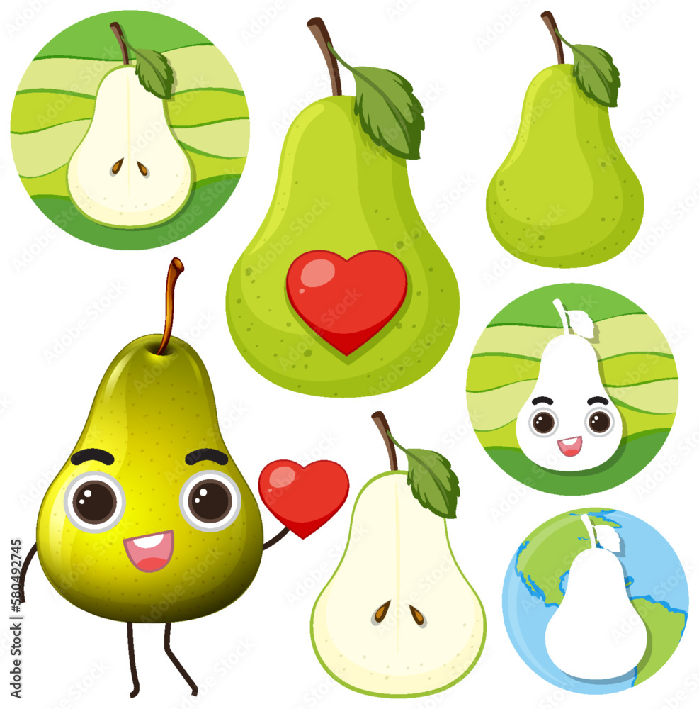 Set of green pear fruit cartoon