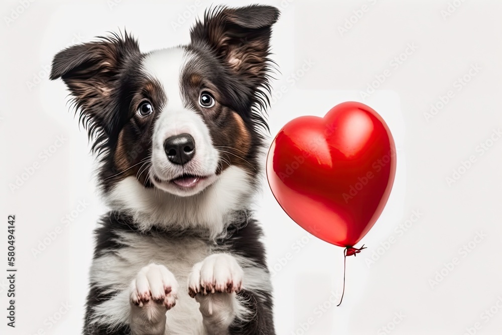 St. Valentines Day concept. Cute puppy dog border collie holding a red heart balloon in its paw in 