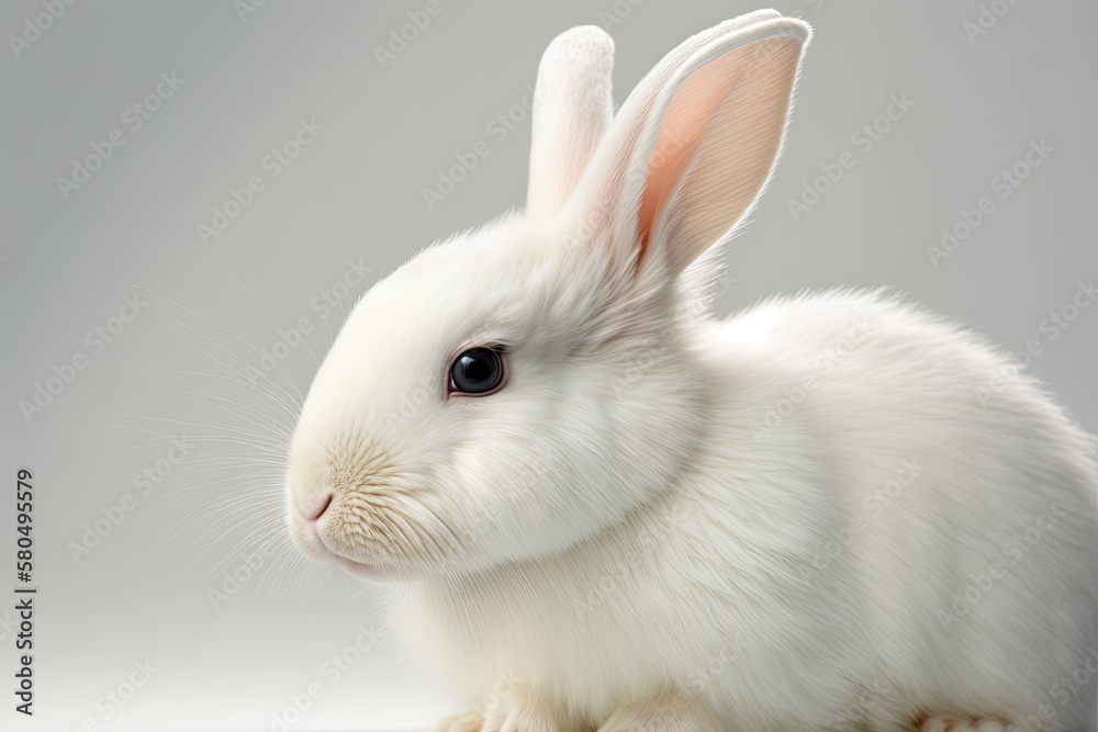 Close up picture of a white albino rabbit on a white background. Generative AI