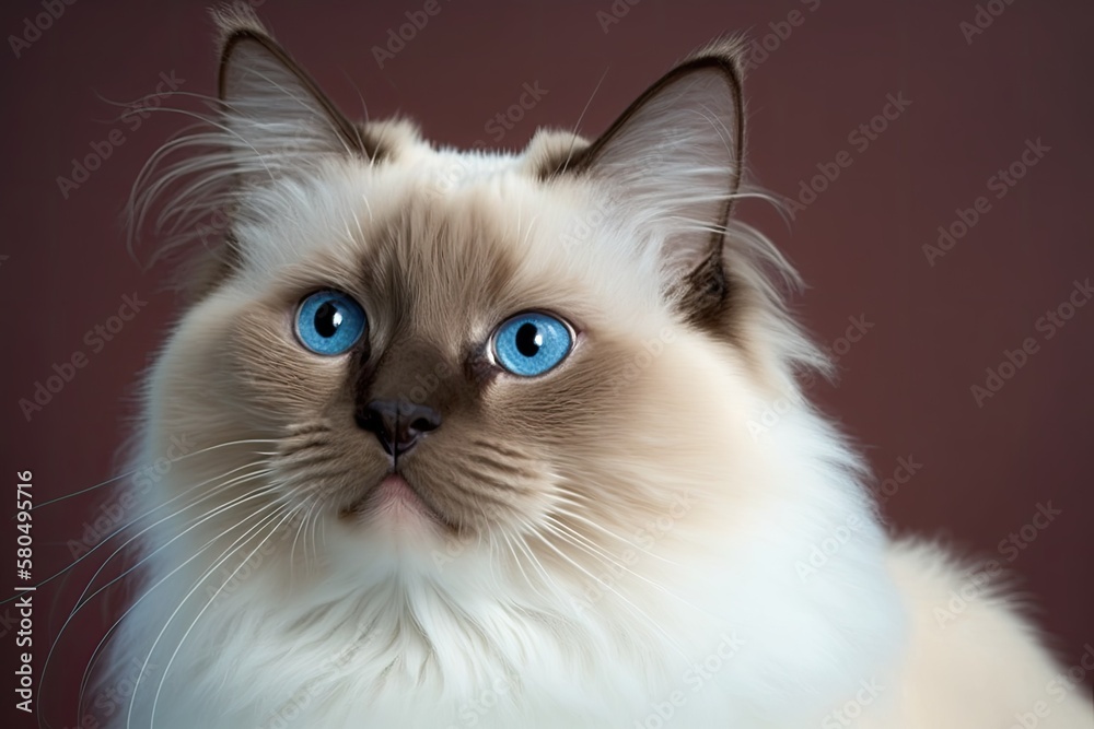 fluffy blue point a picture of a birman cat with blue eyes on a blue background with space to write.