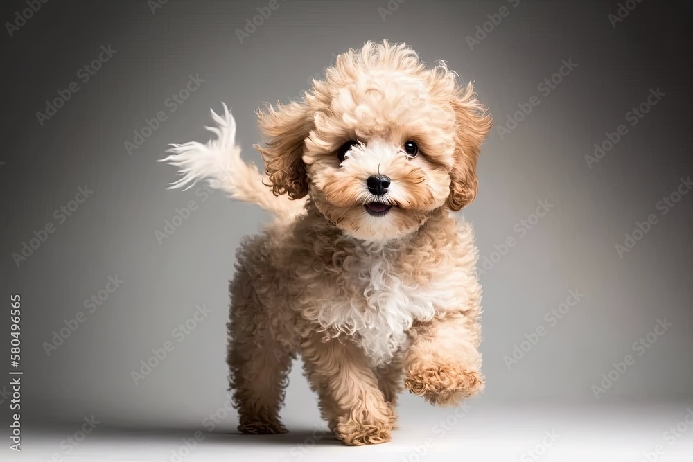 Little dog Maltipoo poses. A cute, playful dog or pet playing on a white studio background. The idea